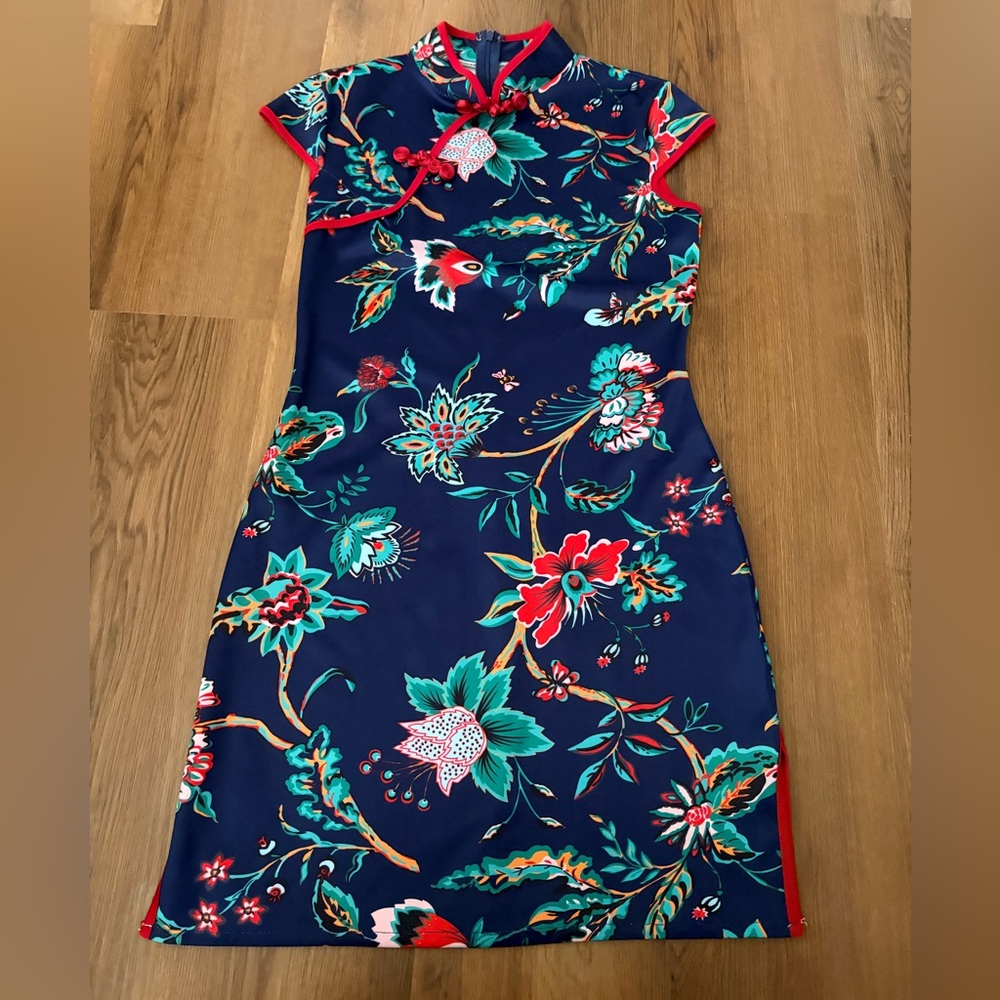 Navy Floral Cheongsam Dress